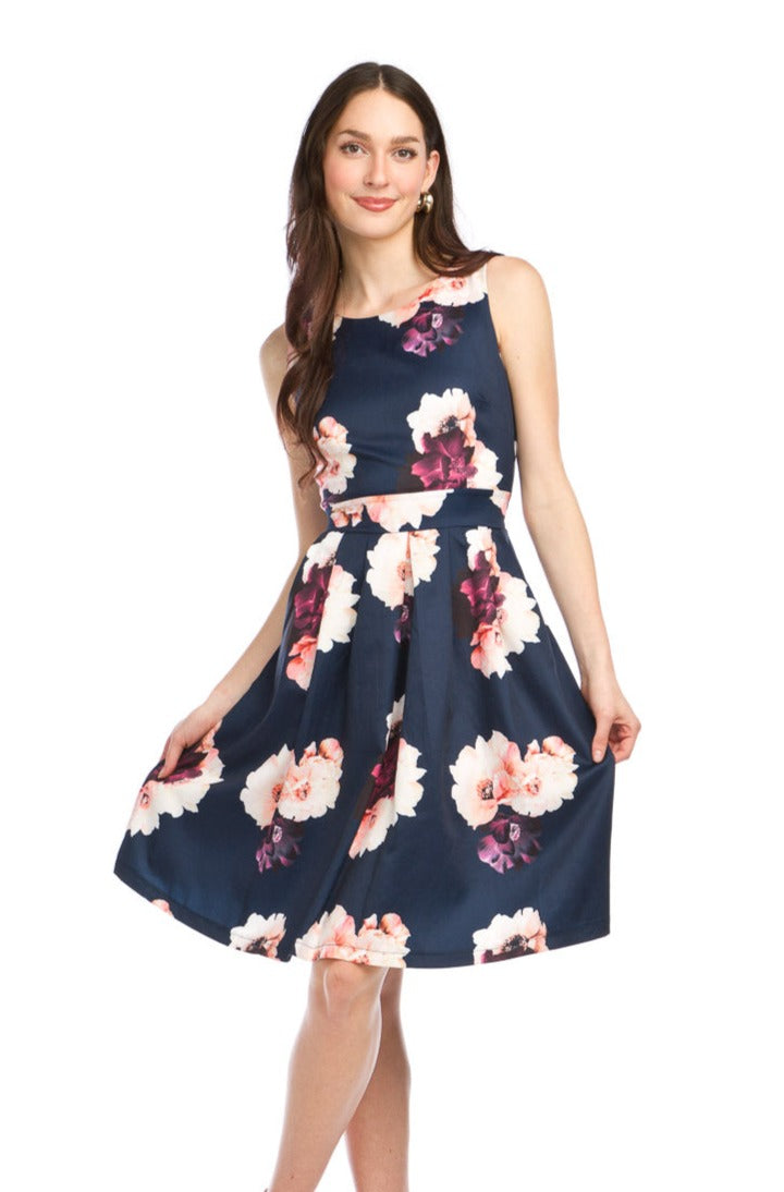 Big Floral Print Sleeveless Dress with Box Pleat Skirt