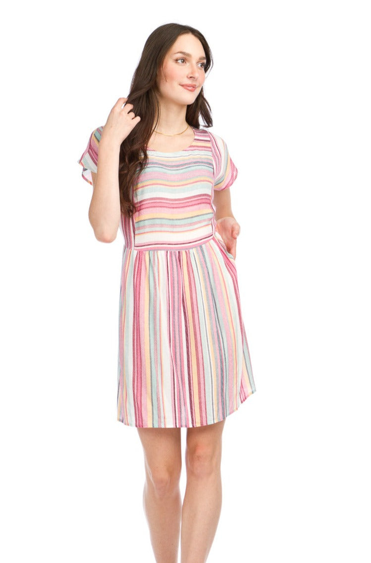 Multi Coloured Strip Short Sleeve Dress.