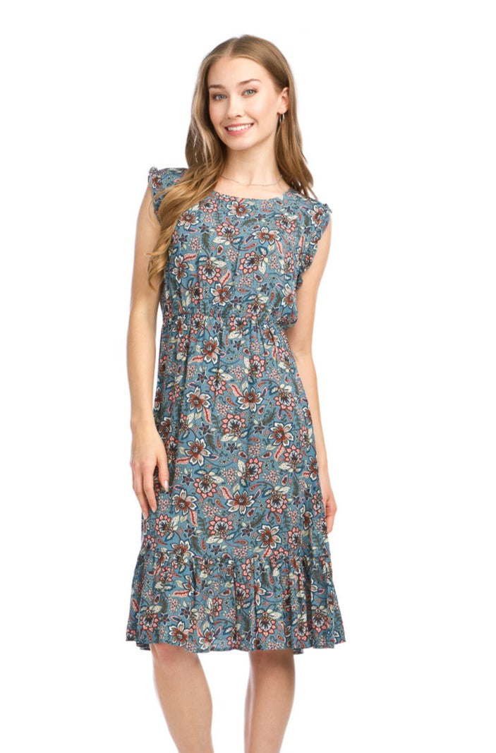 Floral Midi Dress with Smocked Waist and Ruffle Sleeves.