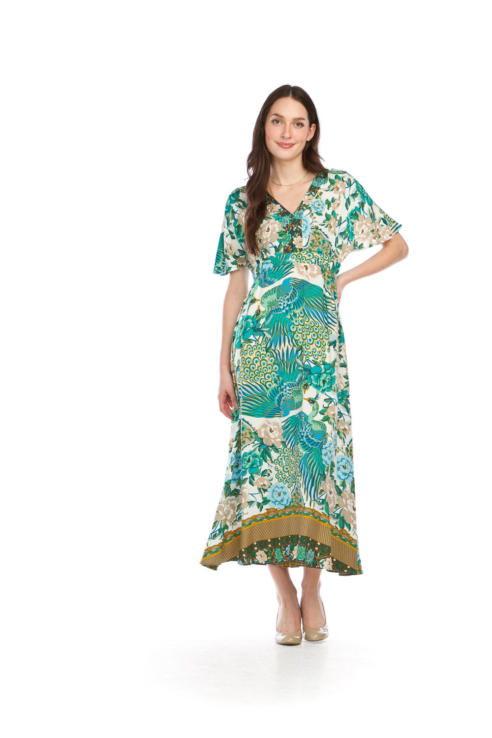 Peacock Printed Maxi Dress With Dolman Sleeves