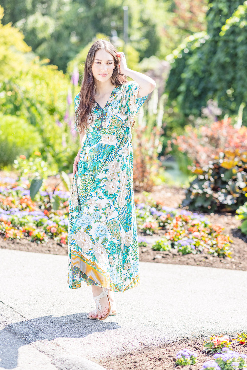 Peacock Printed Maxi Dress With Dolman Sleeves