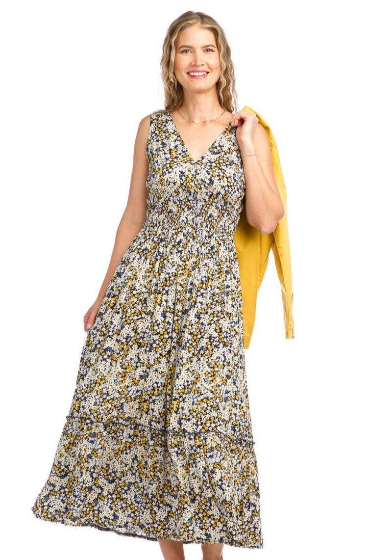 Floral Print V Neck Midi Dress with Elastic Waist.