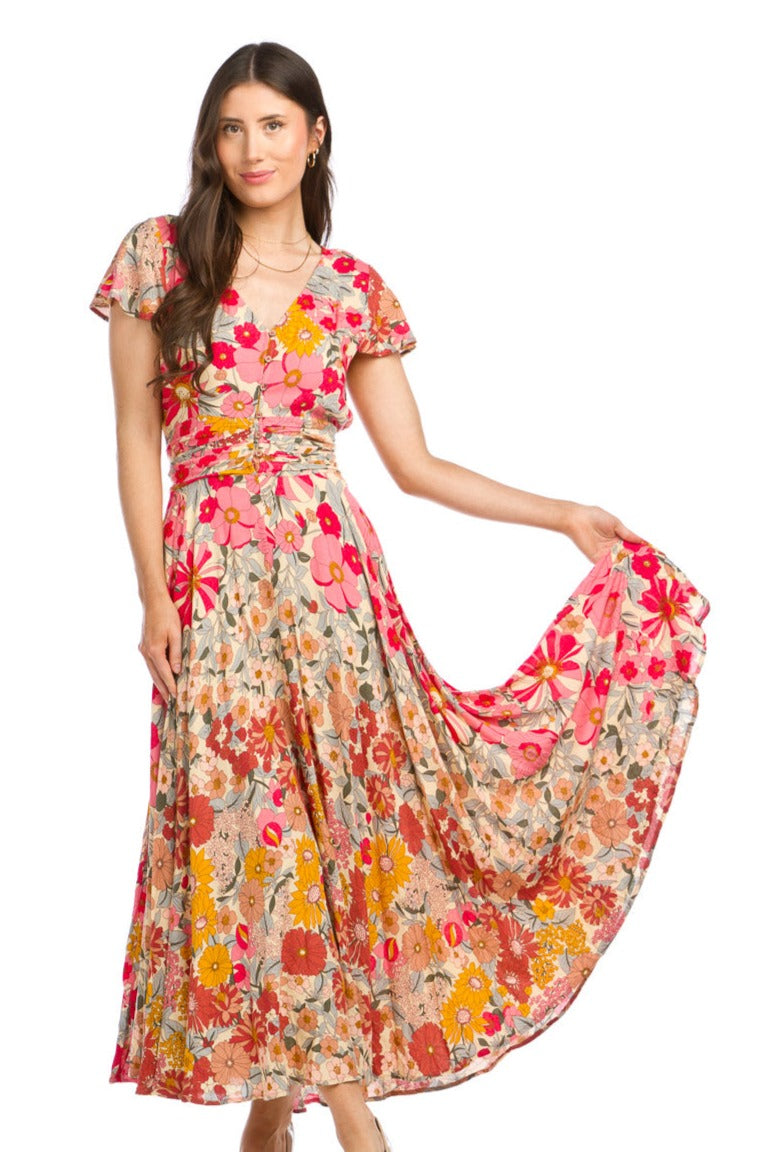 Floral Maxi Dress with Pleated Waist and Pockets.