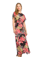 Tropical Printed Short Sleeve Dress with Elastic Waist.