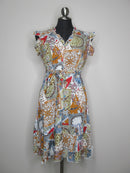 Patchwork Printed Dress with Elastic Waist and Tie Belt.