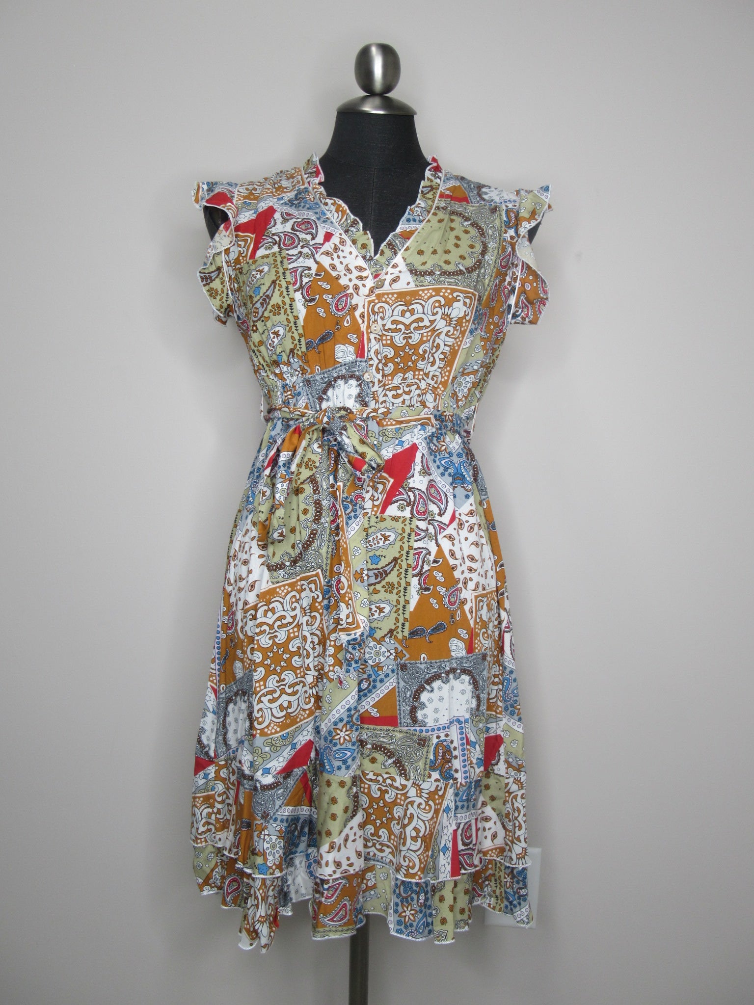 Patchwork Printed Dress with Elastic Waist and Tie Belt.