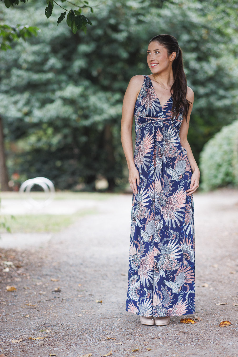 Fan Printed Grecian Maxi Dress