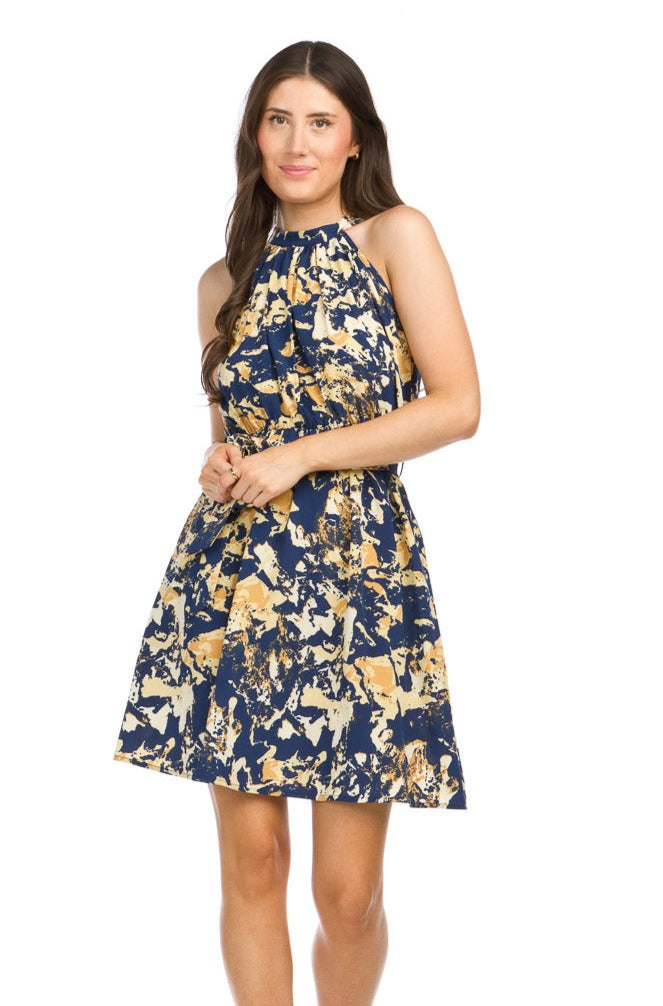 Printed Halter Neck Dress with Tie Belt.