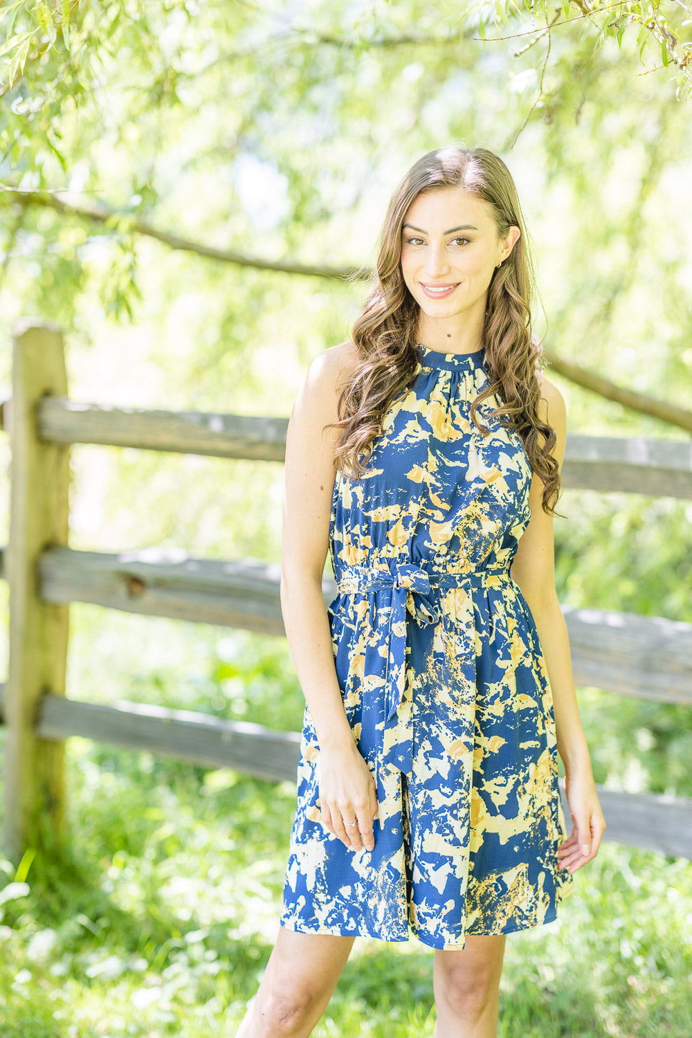 Printed Halter Neck Dress with Tie Belt.