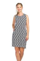 Geo Print Stretch Shift Dress with Pockets.