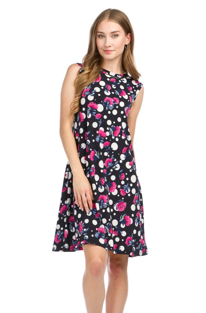 Polka Dot Floral Aline Stretch Dress with Pockets.