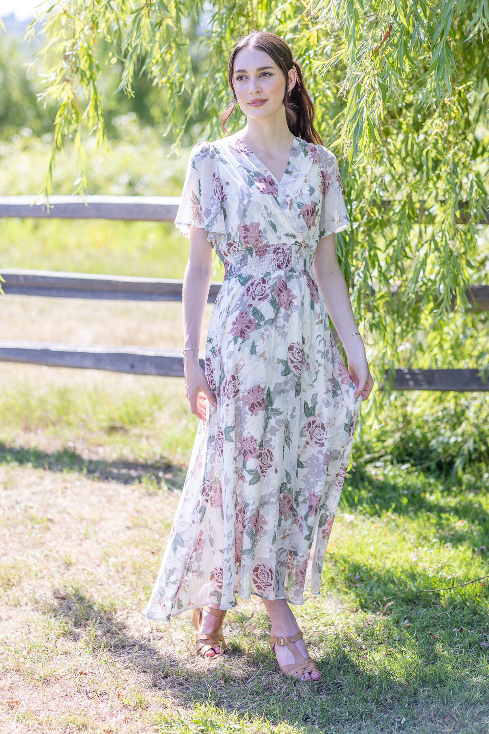 Floral Short Sleeve Maxi Dress with Elastic Waist.