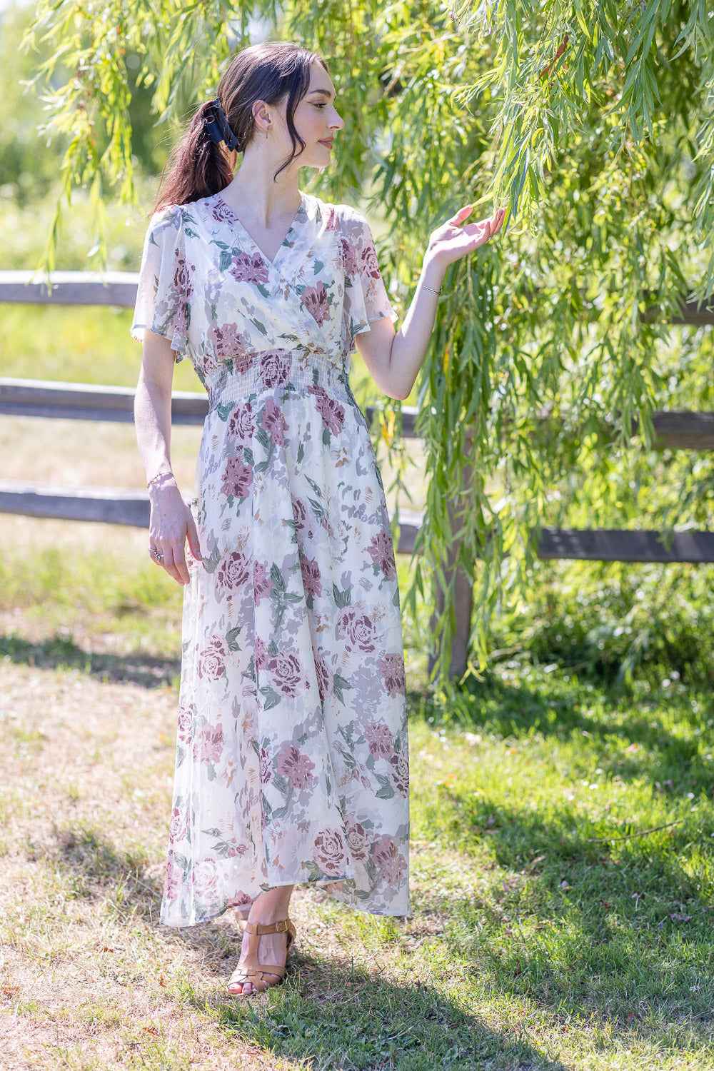 Floral Short Sleeve Maxi Dress with Elastic Waist.