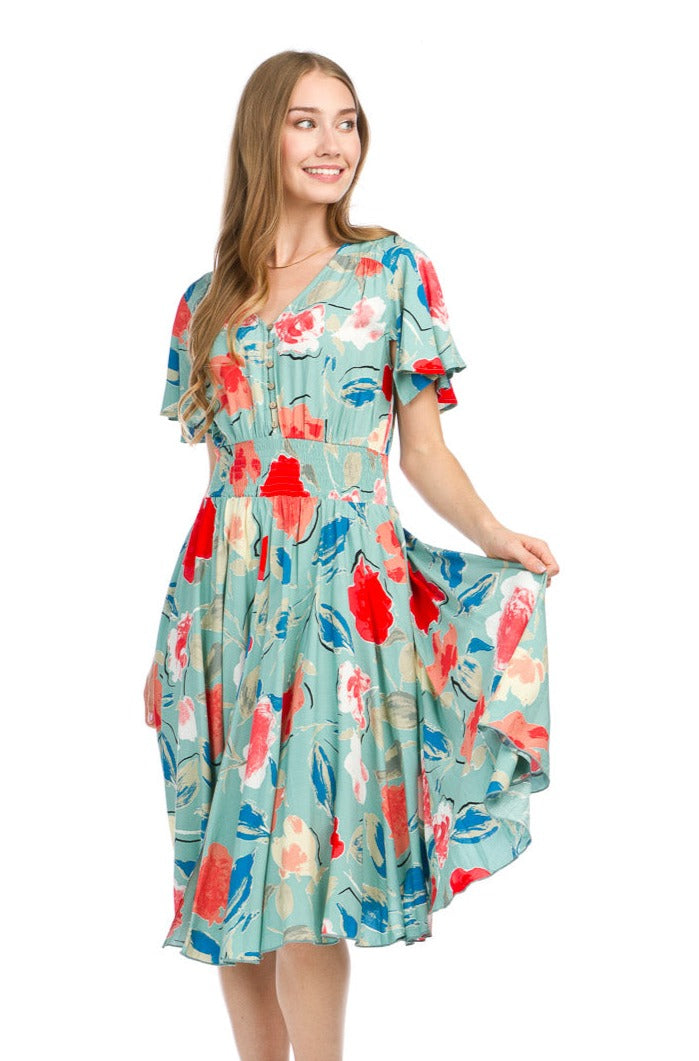 Floral Short Sleeve Dress with Elastic Waist.