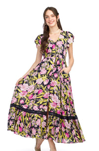 Floral Short Sleeve Maxi Dress with Elastic Waist and Lace Inset Detail.