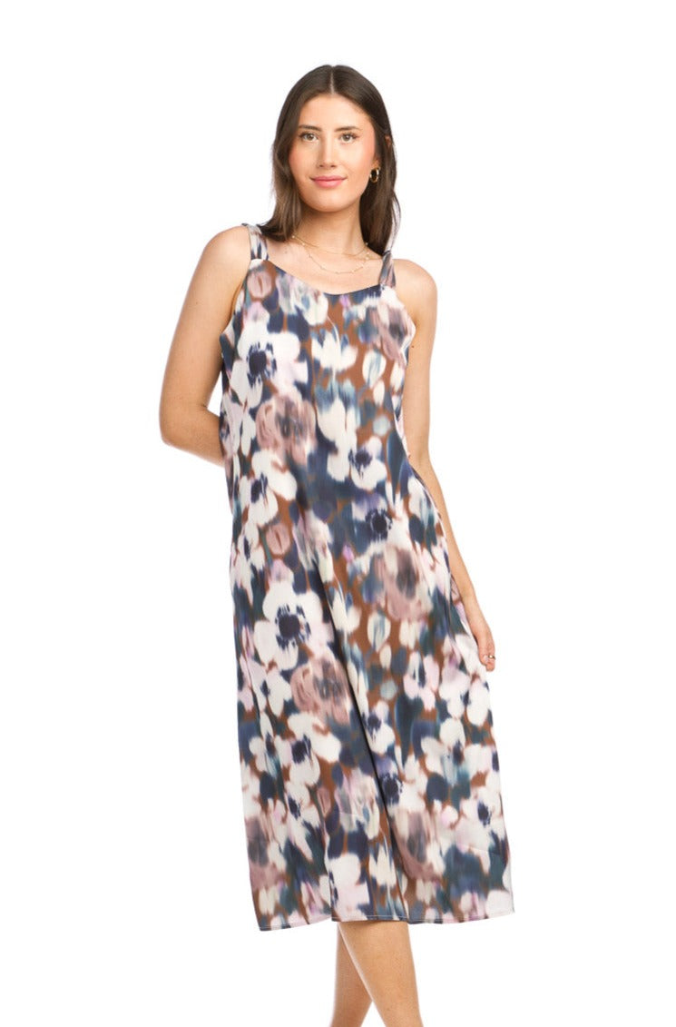 Watercolor Floral Satin Finish Slip Dress with Knotted Straps.