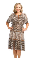 Geo Mixed Print Tiered Short Sleeve Dress with Lining.