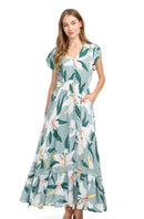 Floral Short Sleeve Maxi Dress with Lace Inset and Pockets.