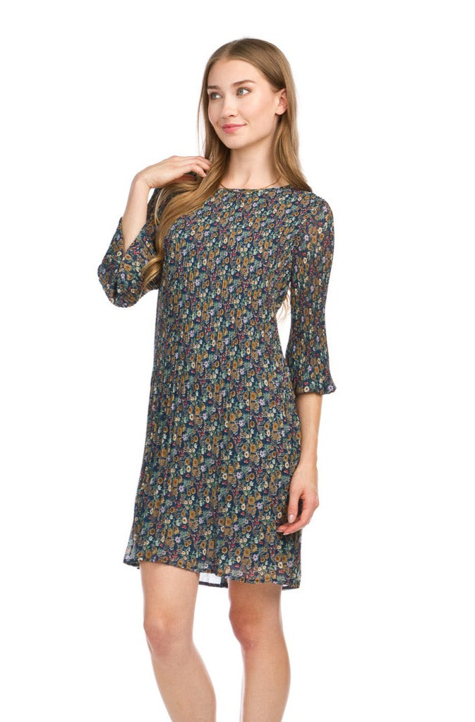 Ditsy Floral 3/4 Sleeve Pleated Georgette Dress