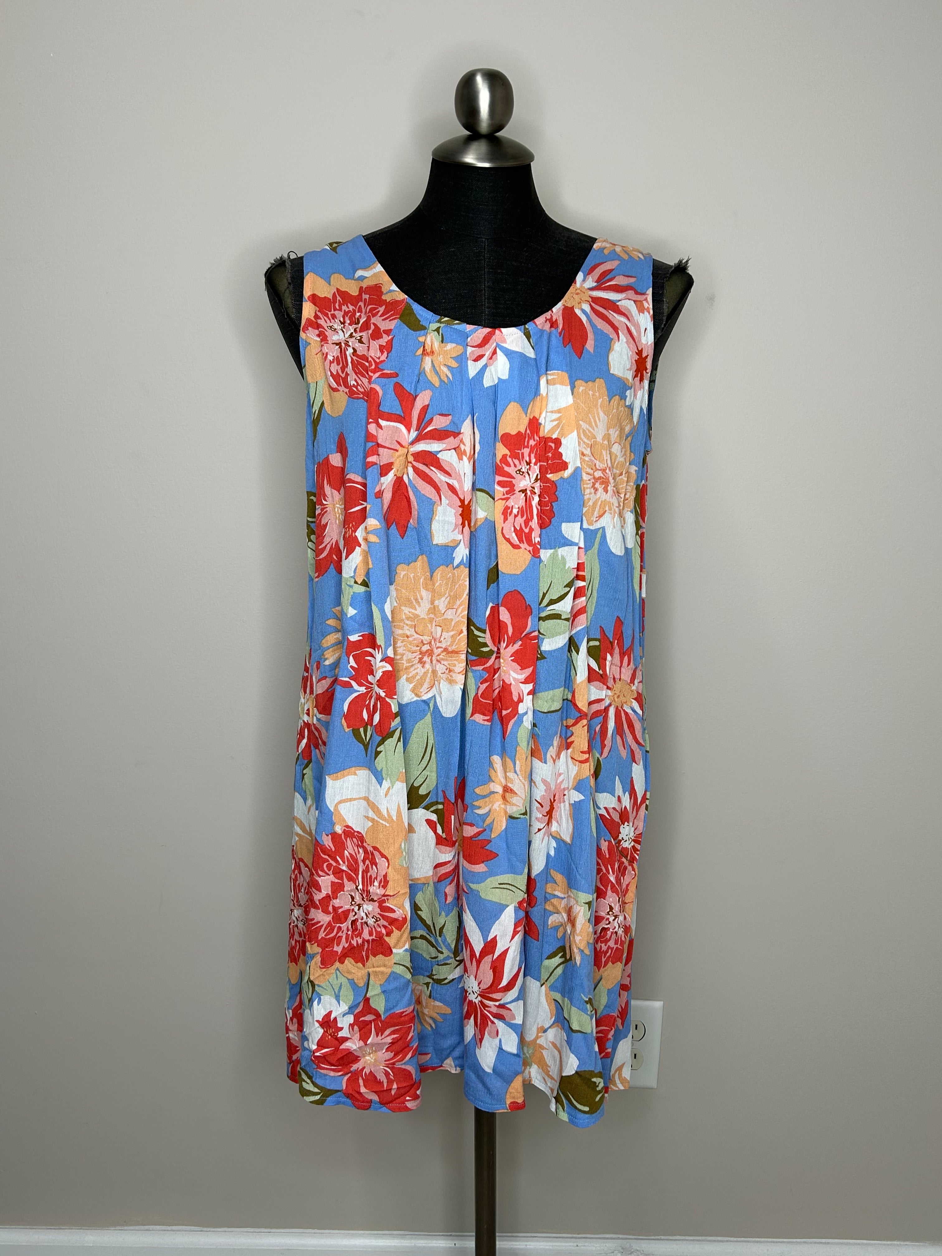 Floral Crinkled Swing Dress with Pockets.