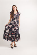 FLORAL SHORT SLEEVE MAXI DRESS WITH LACE INSET