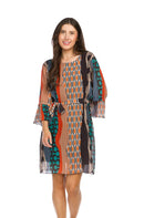 Multi Print Pleated Dress with Tie Belt