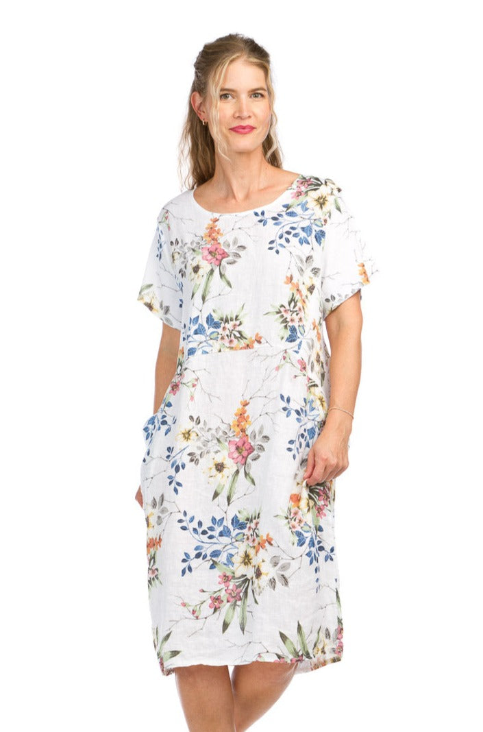 Short Sleeve Floral Linen Dress with Knit Panels and Pockets