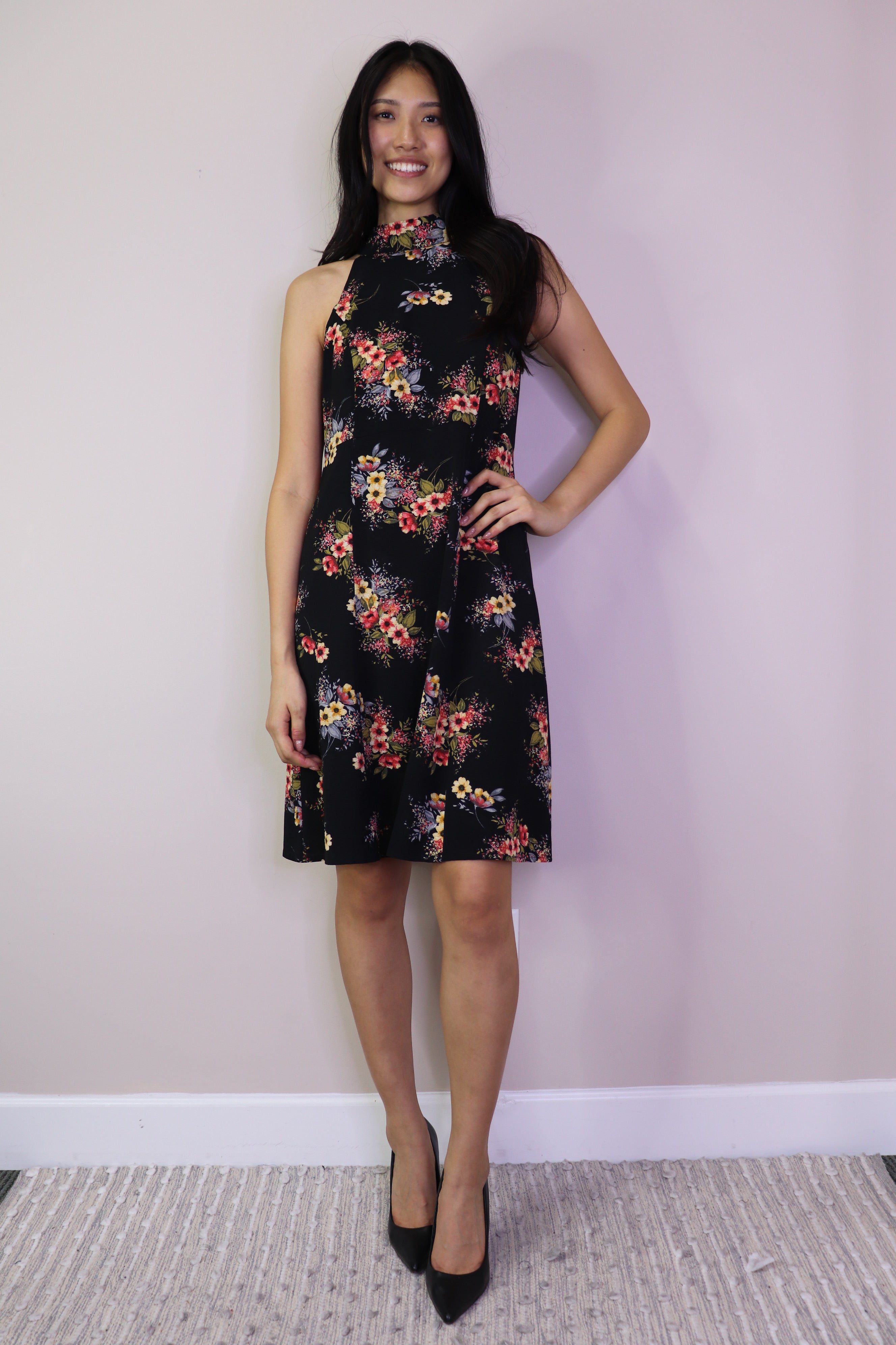 Crepe Floral Halter Neck Skater Dress