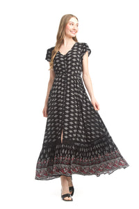 PD-18509- Geo border print short sleeve Maxi Dress