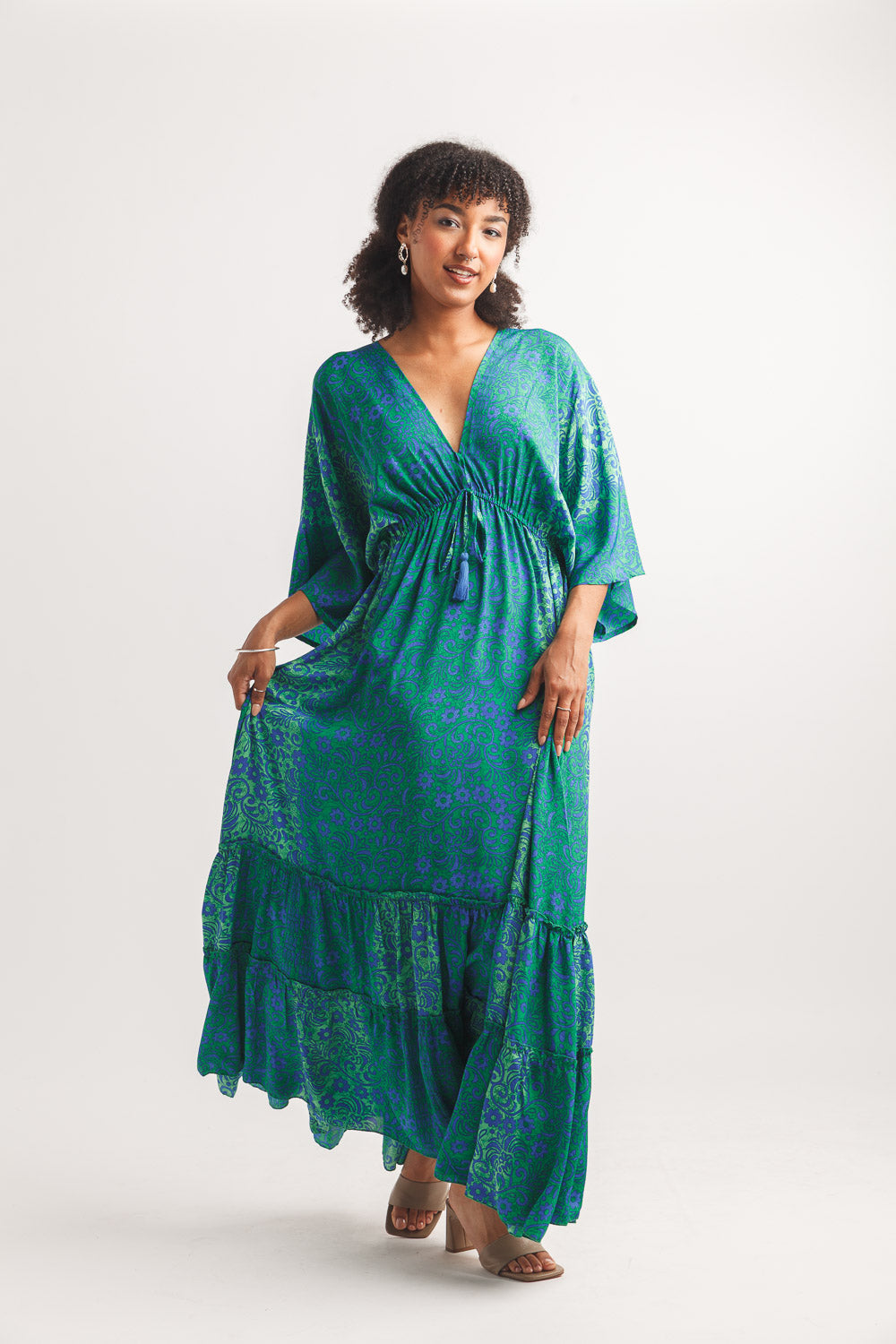 Satin Tiered Floral Kimono Sleeve Maxi Dress with Elastic Waist and Tie Back Detail