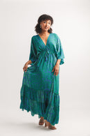 Satin Tiered Floral Kimono Sleeve Maxi Dress with Elastic Waist and Tie Back Detail