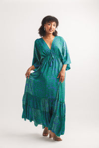 Satin Tiered Floral Kimono Sleeve Maxi Dress with Elastic Waist and Tie Back Detail