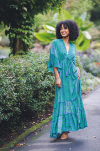 Satin Tiered Floral Kimono Sleeve Maxi Dress with Elastic Waist and Tie Back Detail