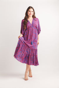 Satin Tiered Floral Kimono Sleeve Maxi Dress with Elastic Waist and Tie Back Detail