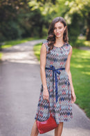 Stretch Chevron Print Dress With Tie Belt