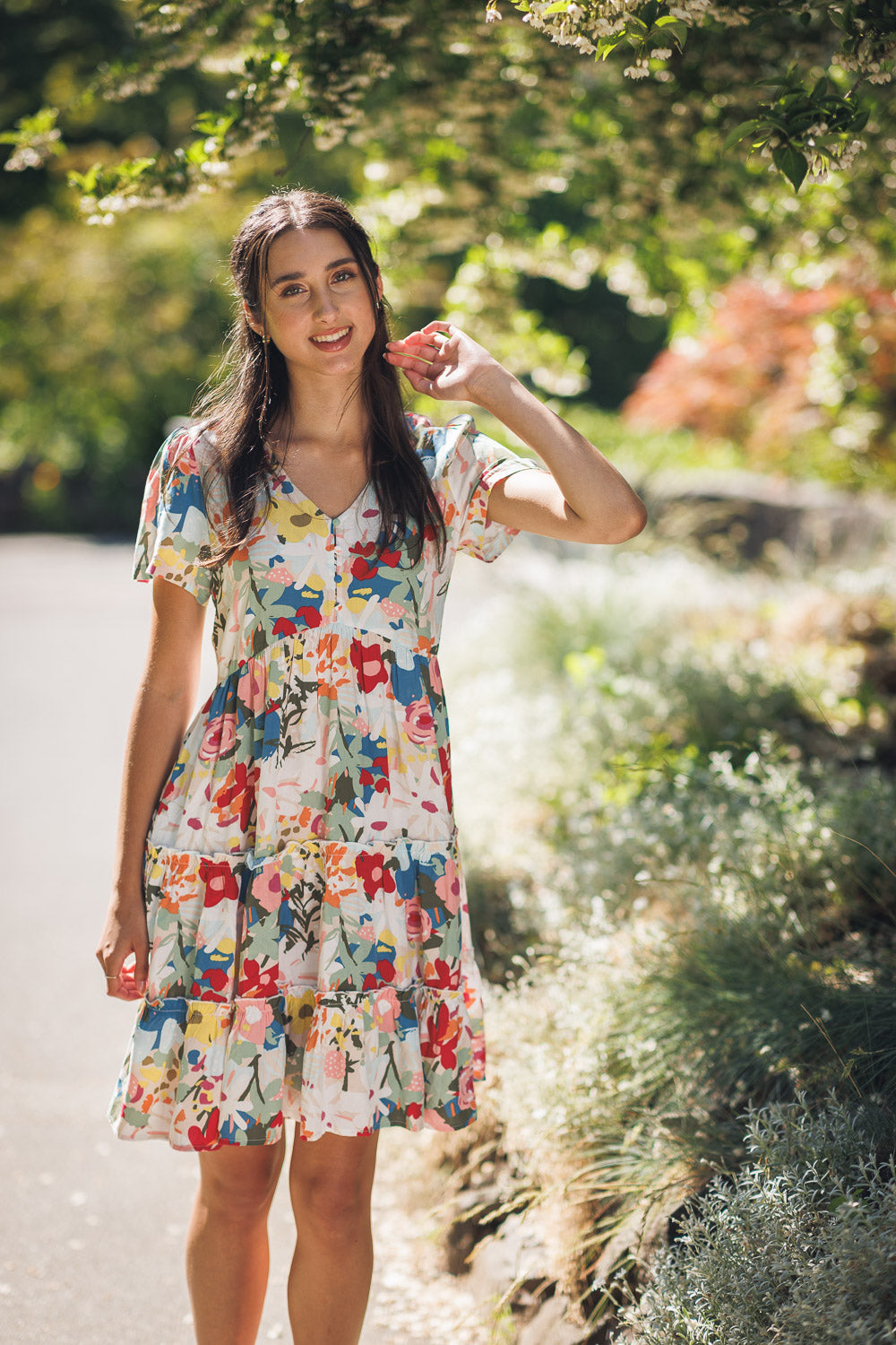 Short Sleeve Tiered Floral Henley Dress