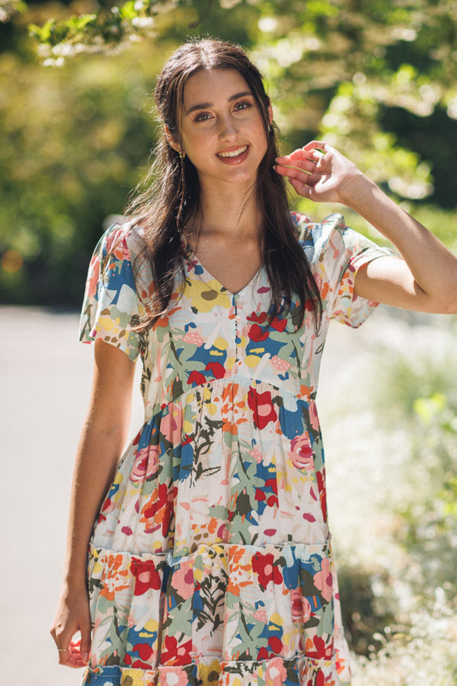 Short Sleeve Tiered Floral Henley Dress