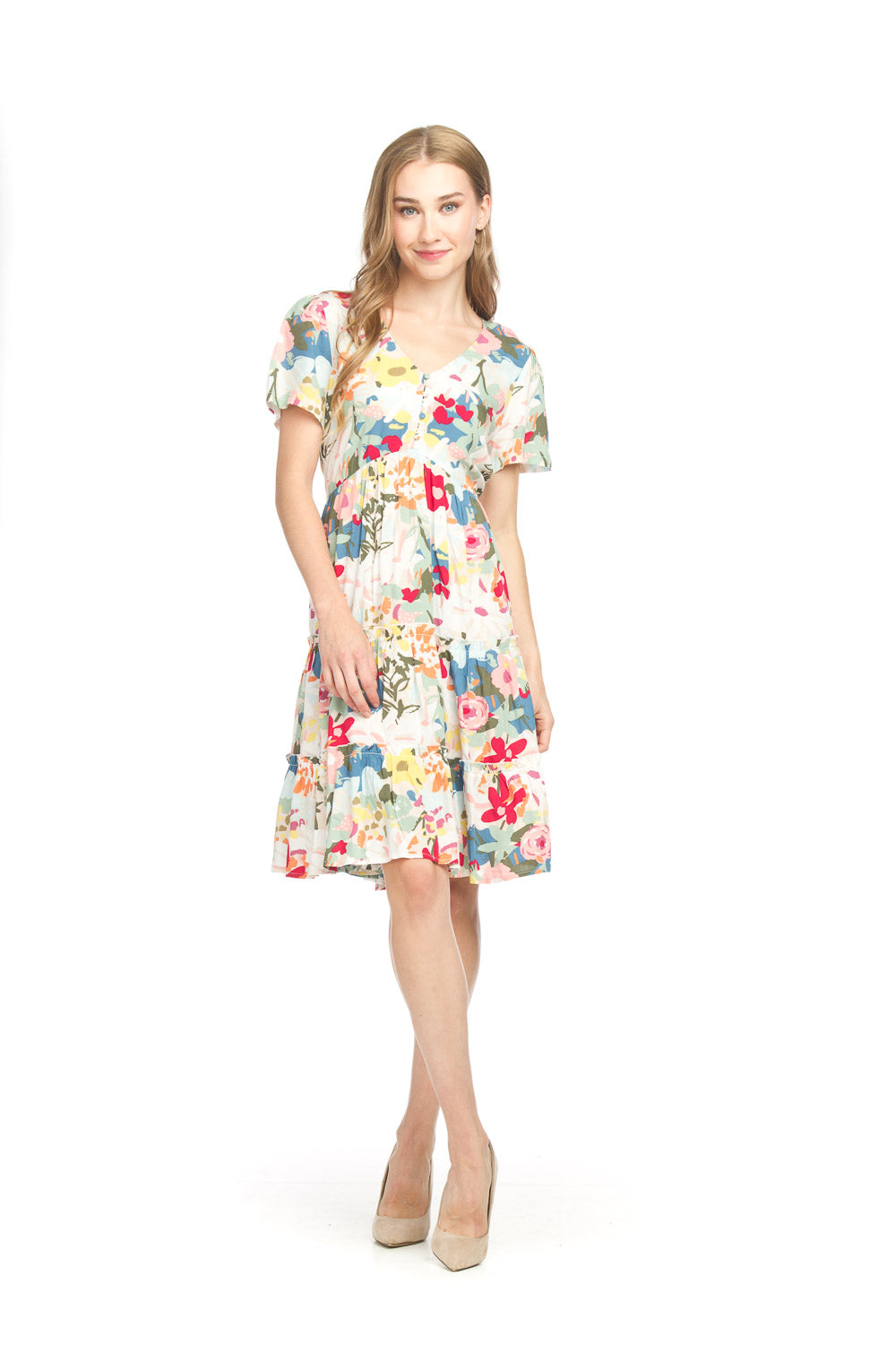 Short Sleeve Tiered Floral Henley Dress