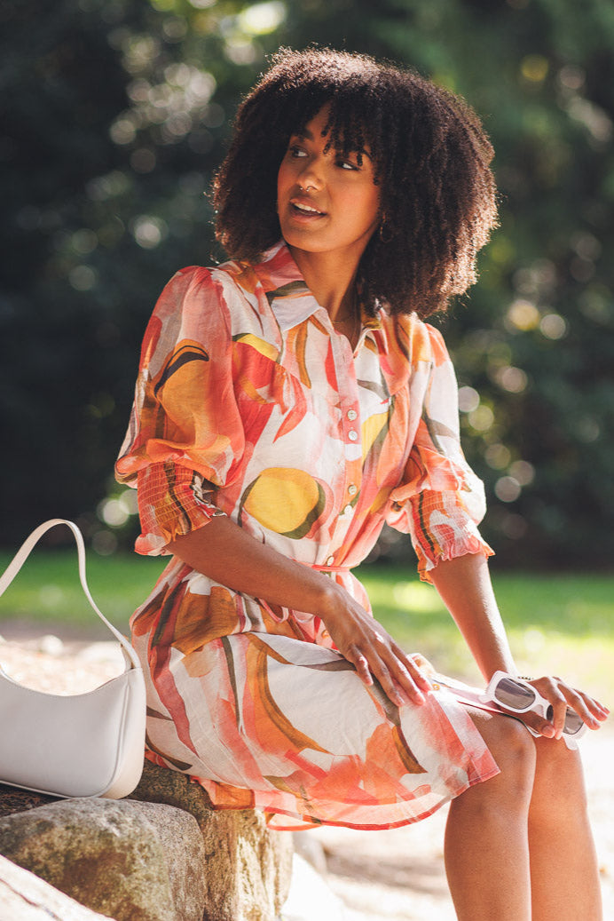 Floral Collared Shirt Dress with Balloon Sleeves