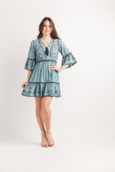 Broidered And Beaded Denim Dress With Bell Sleeve