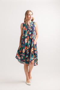 Abstract Floral Henley Swing Dress