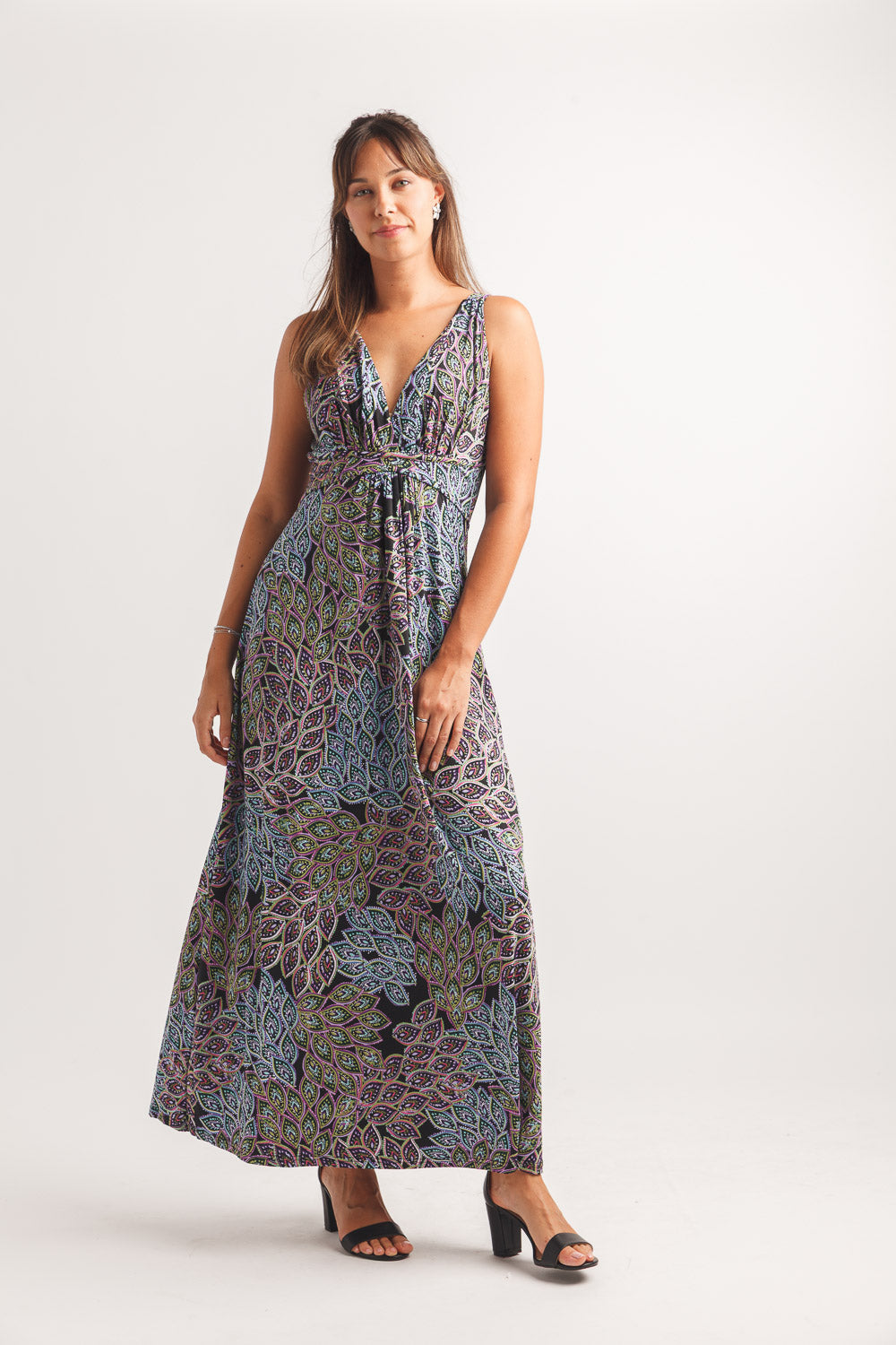 Peacock Printed Stretch Grecian Maxi Dress
