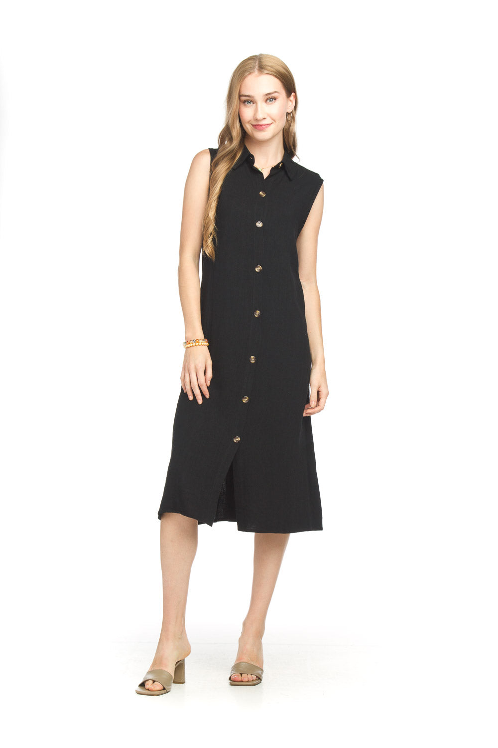 Sleeveless Linen Blend Button Front Dress