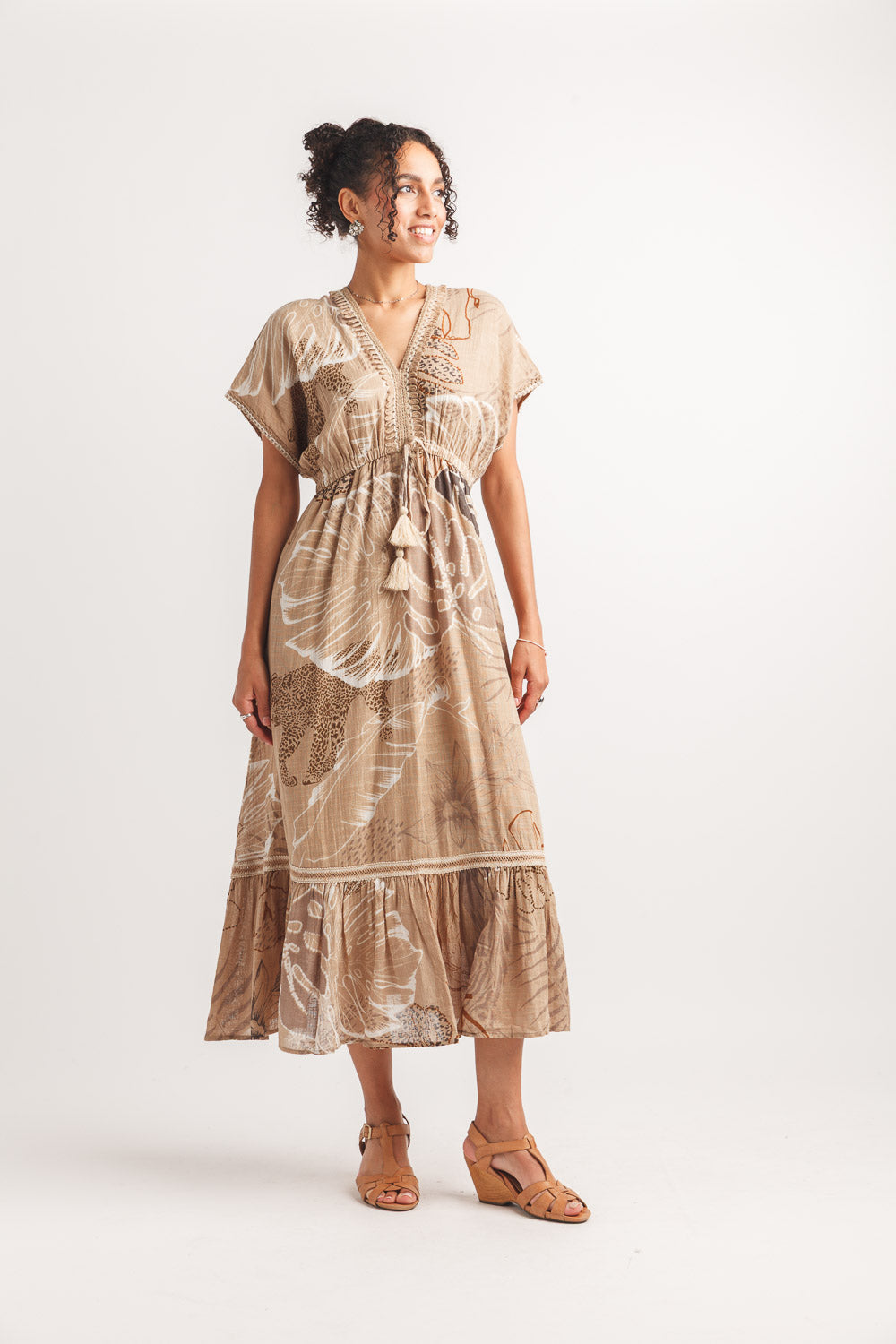 Mixed Print Cotton V Neck Maxi Dress W Elastic Mixed Print Cotton V Neck Maxi Dress W Elastic