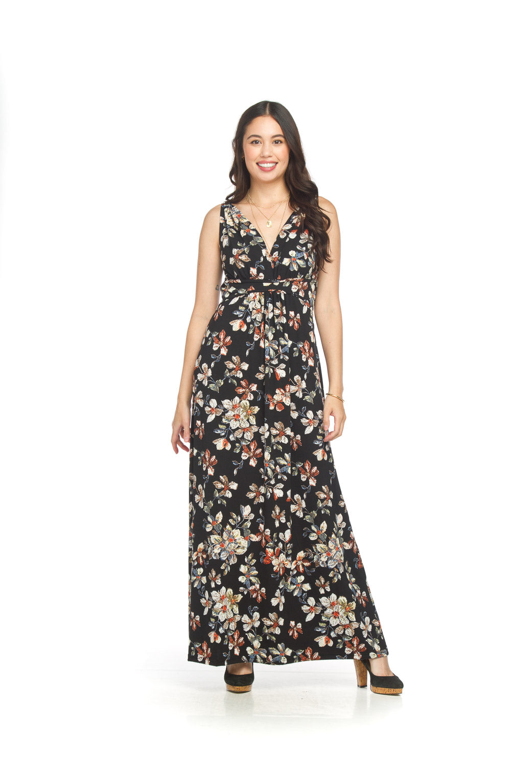 Floral Rubber Print Stretch Grecian Maxi Dress