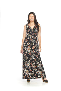Floral Rubber Print Stretch Grecian Maxi Dress