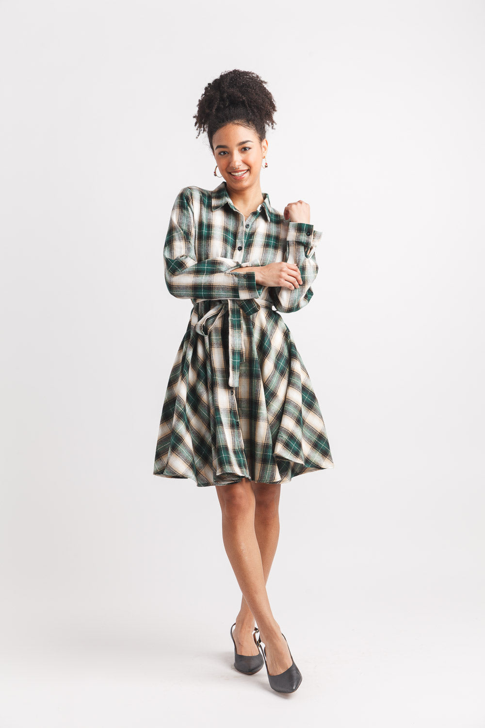 Plaid Collared Flare Shirt Dress With Tie Belt