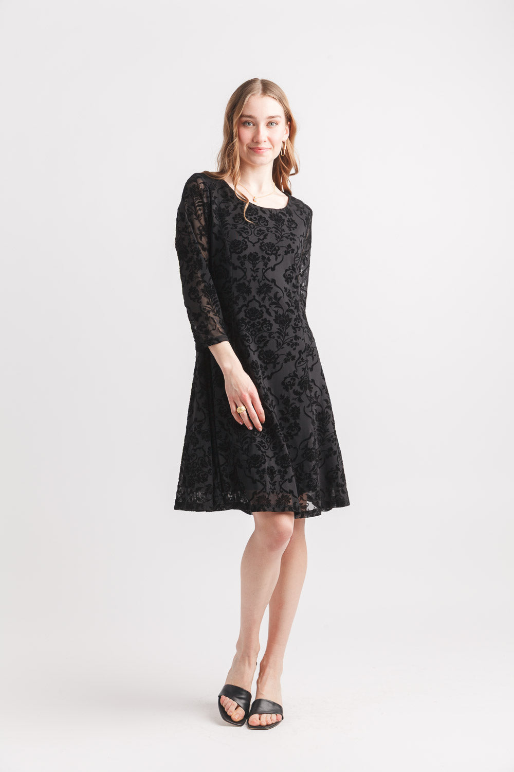 Velvet 3/4 Sleeve Flocked Floral Panelled Dress