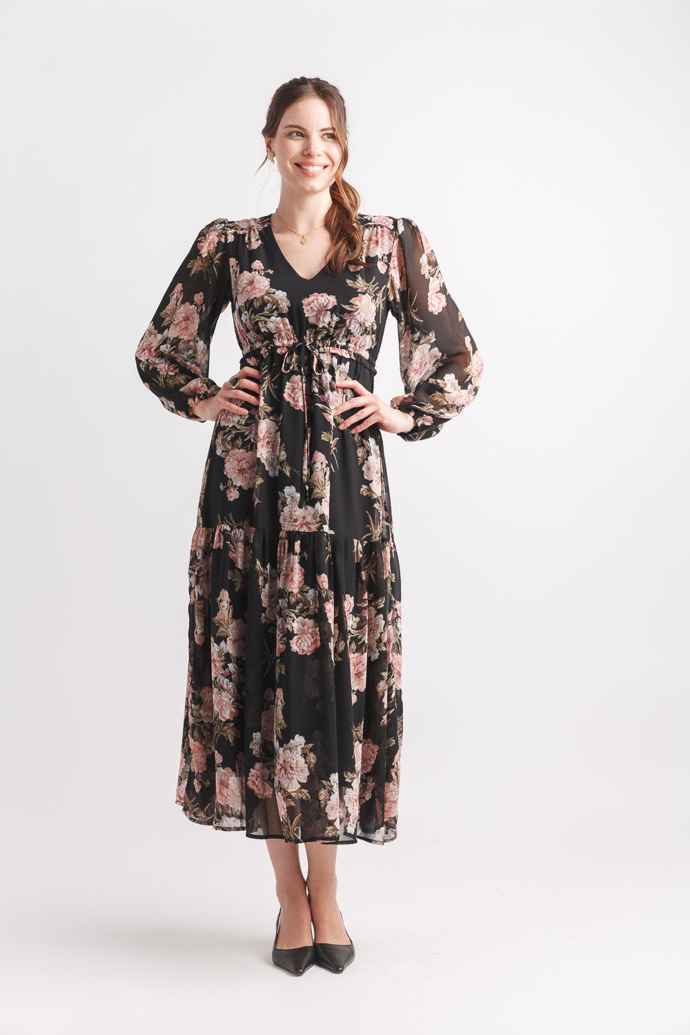 Floral V Neck Maxi Dress With Elastic Waist & Cuff