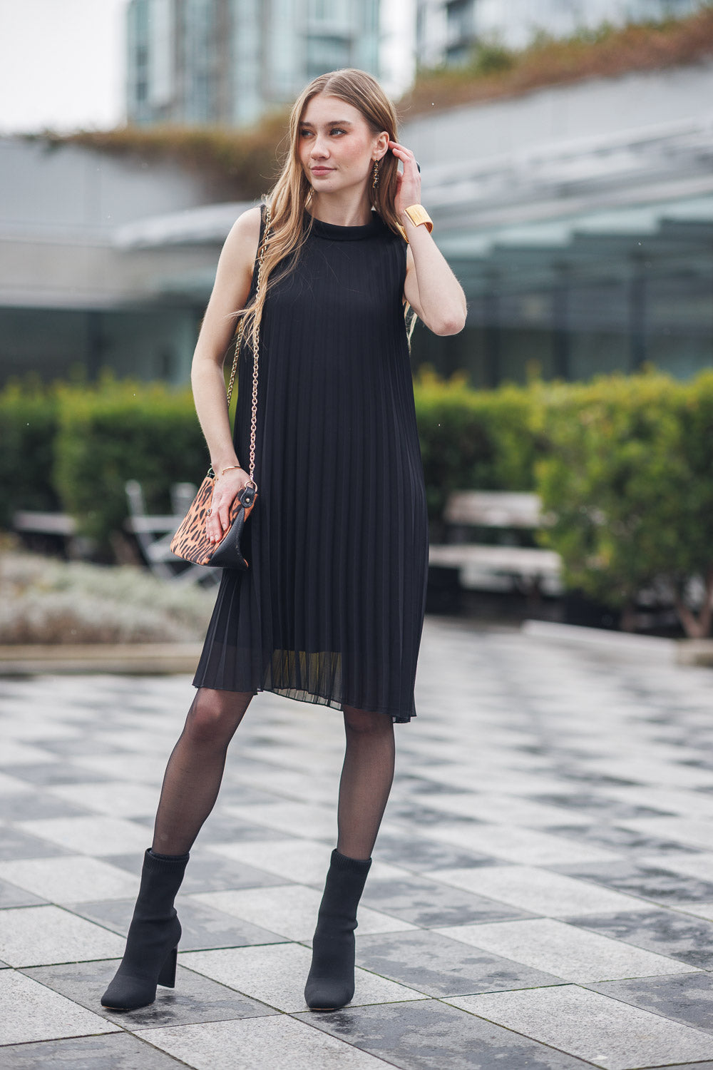 PERMANENT PLEAT MOCK NECK DRESS